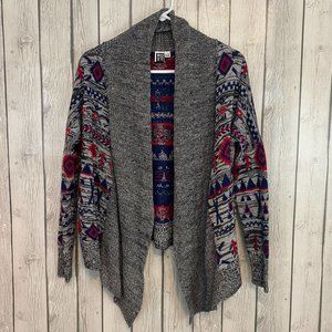 Roxy Grey/Red/Blue Aztec Print Oversized Knit Open Draped Cardigan Sweater Small